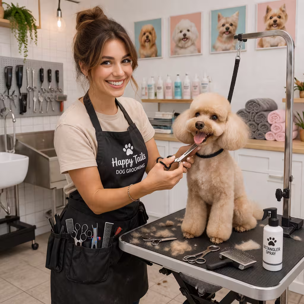 Dog being professionally groomed with scissors and comb