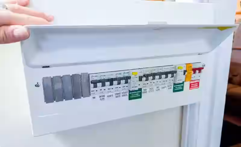 UK electrician working on a consumer unit installation