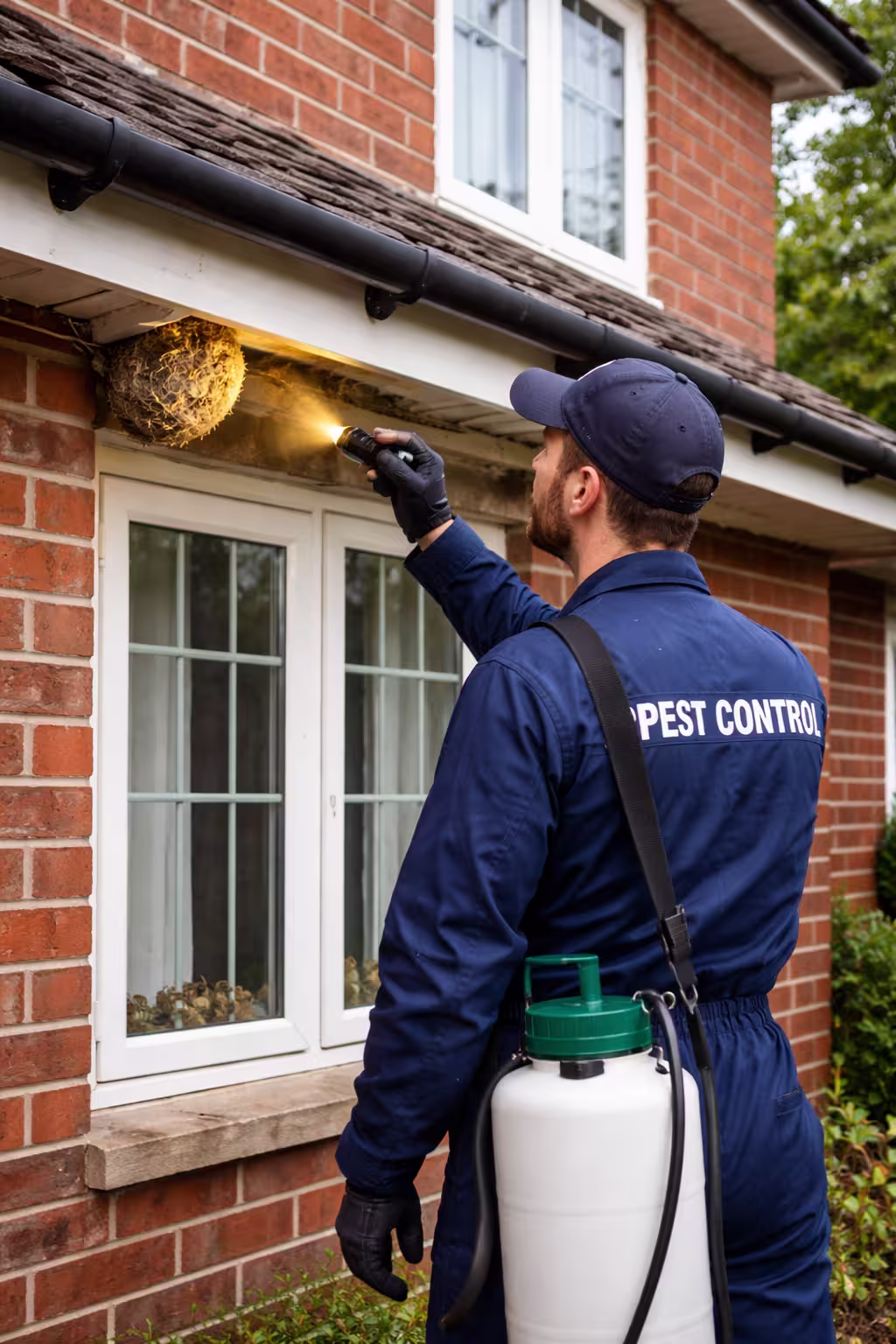 A pest control technician inspecting the exterior of a British house for wasps