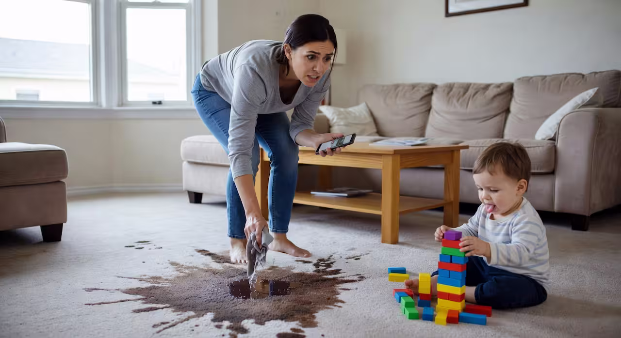 A woman looking at a carpet stain while holding her phone