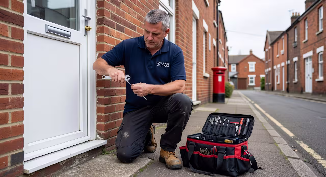 A locksmith working on a residential front door lock