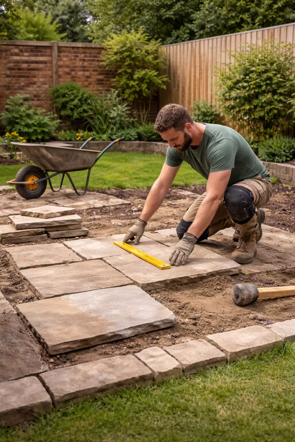 A landscaper laying natural stone paving slabs in a back garden
