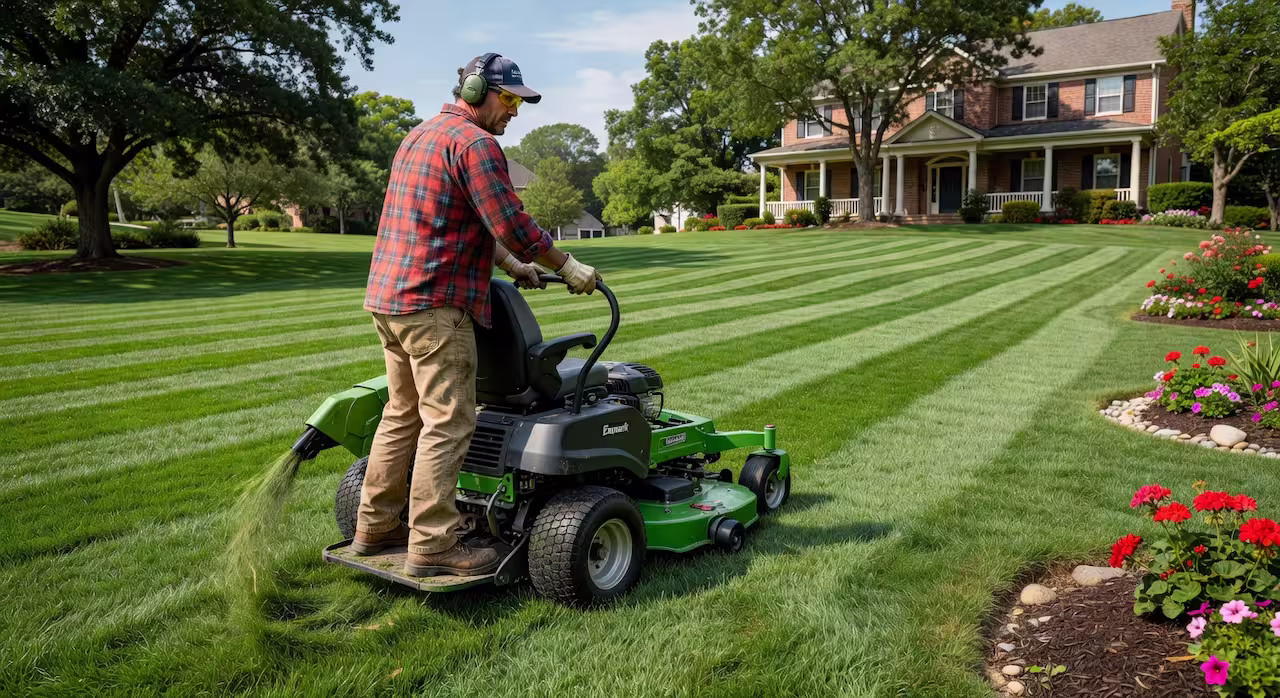 A landscaper operating a commercial mower on a suburban lawn