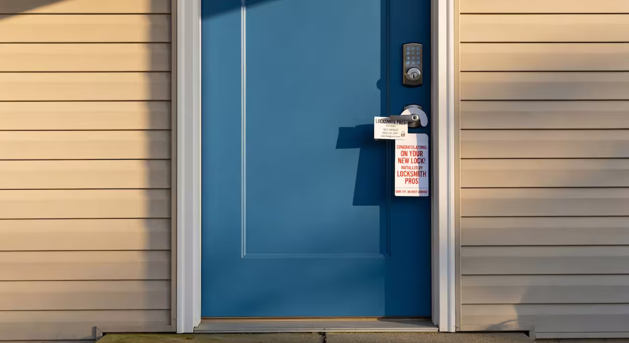 A modern deadbolt and smart keypad lock on an American front door
