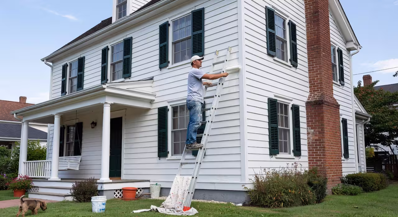 A painting contractor spraying the exterior of an American home