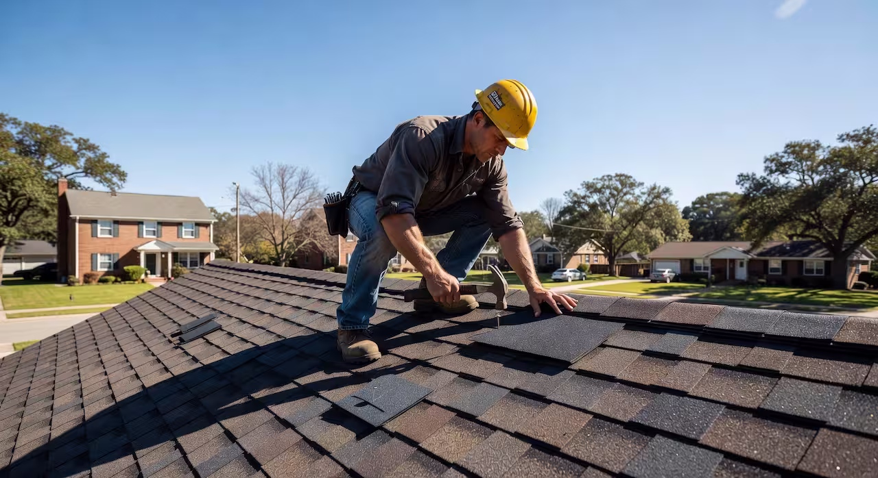 A roofing contractor replacing asphalt shingles on a residential roof